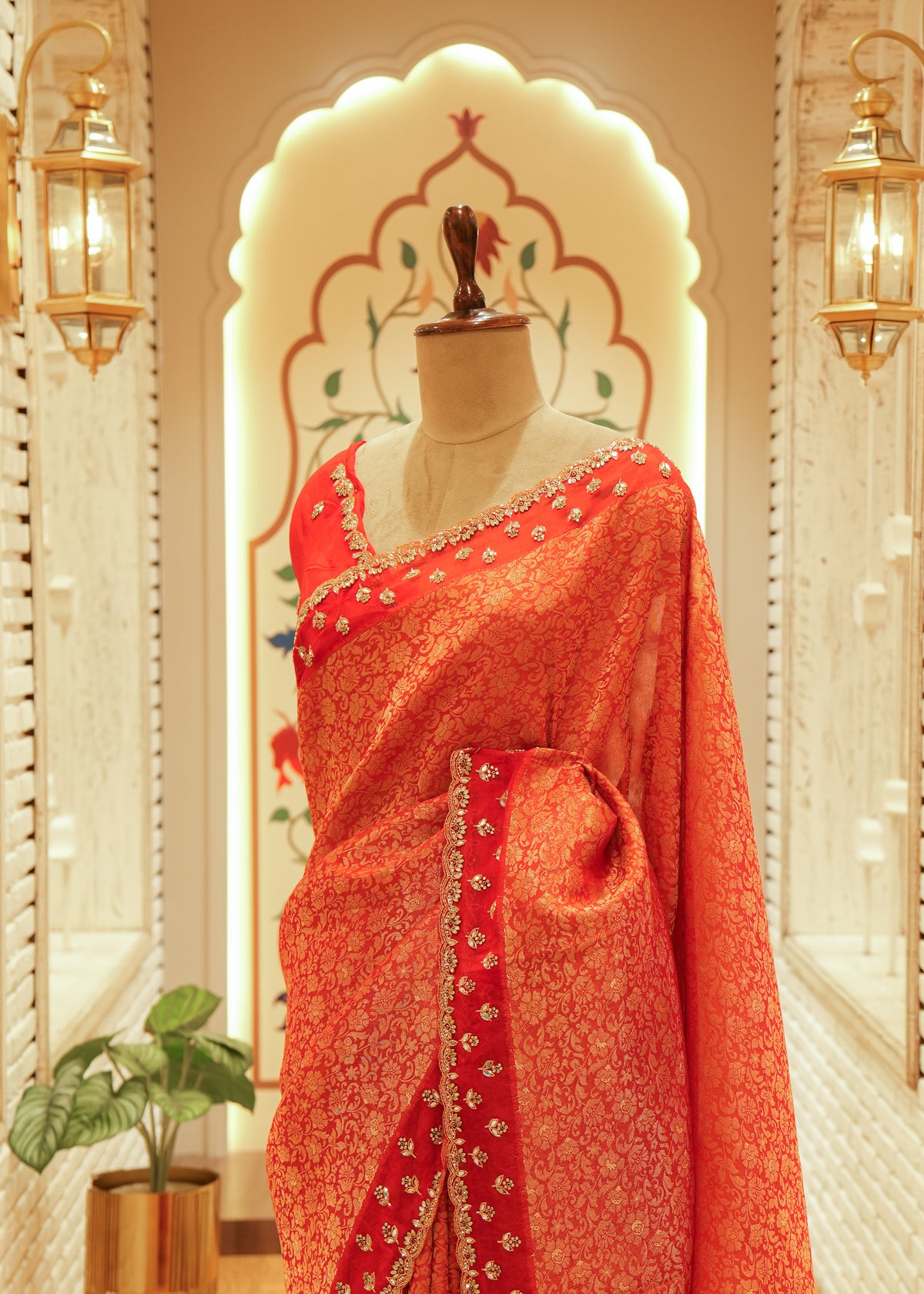 Mehrunissa Bright Orange-Red Banarasi Silk Saree with Stitched Blouse