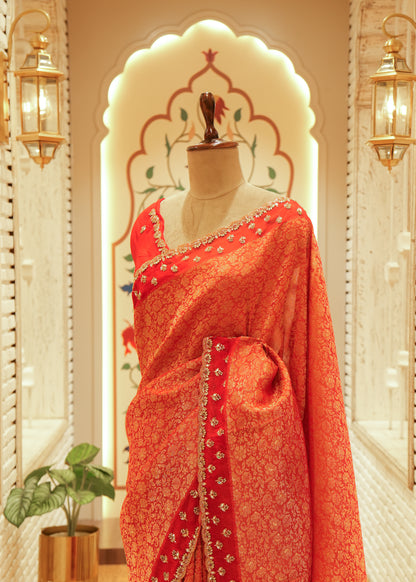 Mehrunissa Bright Orange-Red Banarasi Silk Saree with Stitched Blouse