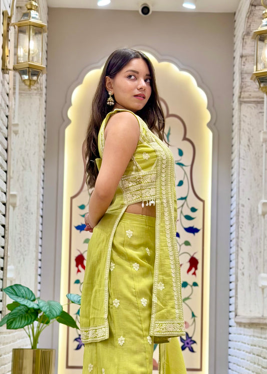 Nyra Neon Green Slit Palazzo Pants Stitched Suit Set