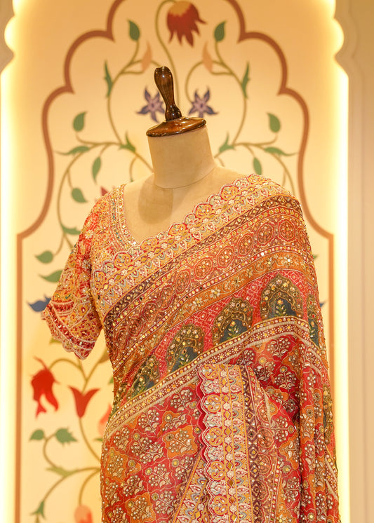 Rust Orange Patola Georgette Saree with Zardozi Embroidery