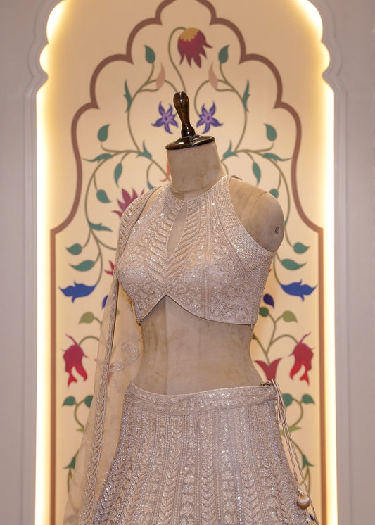 Beige Bead Embroidered Crop Top Skirt Set