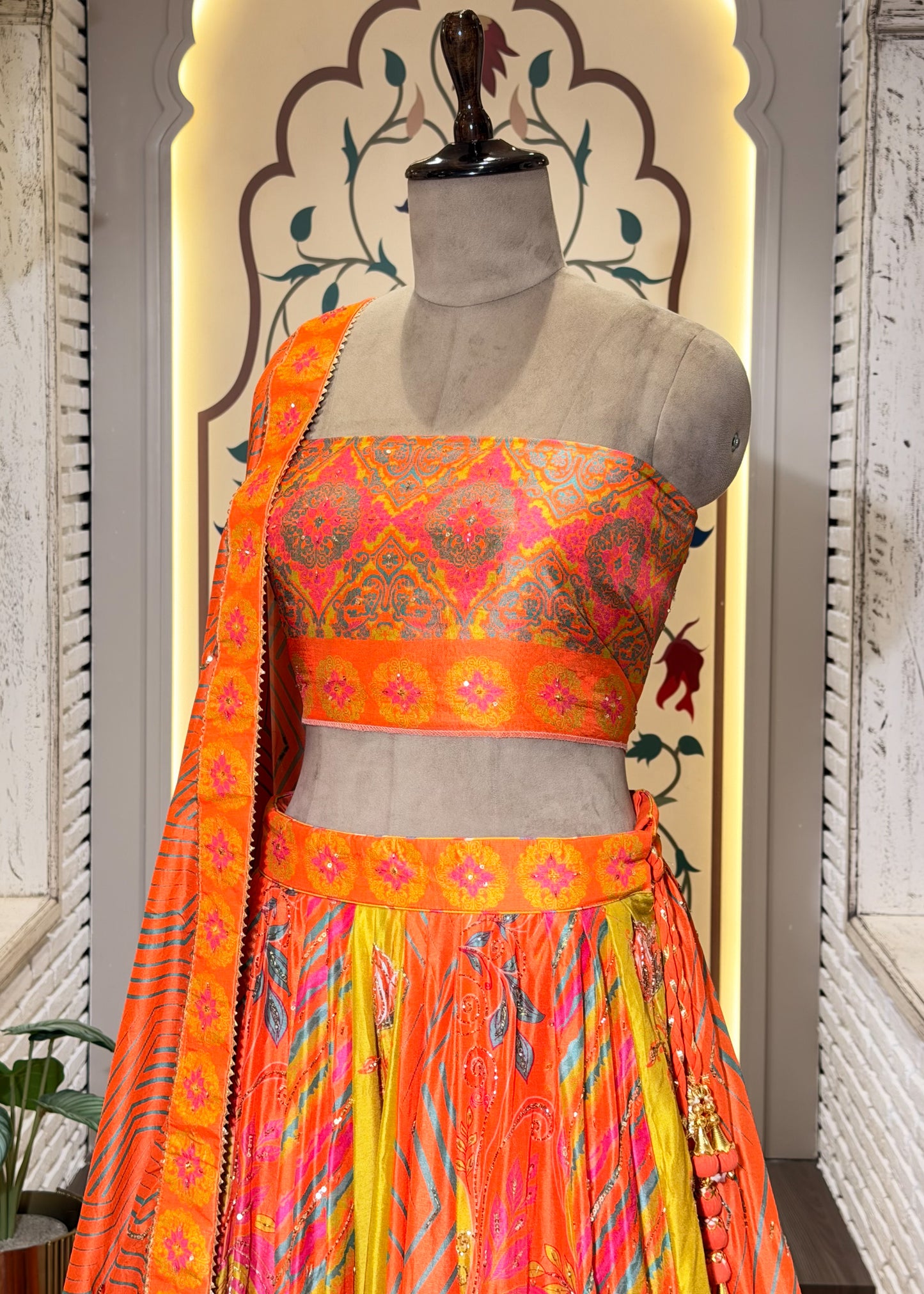 Neon Orange Hand Embellished Silk Lehenga with Unstitched Blouse