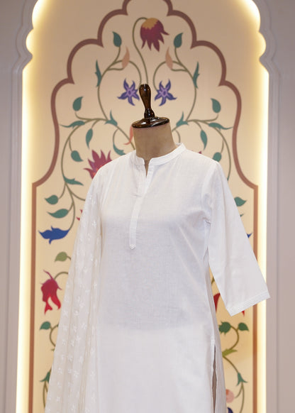 White Cotton 3 pc Kurti Set