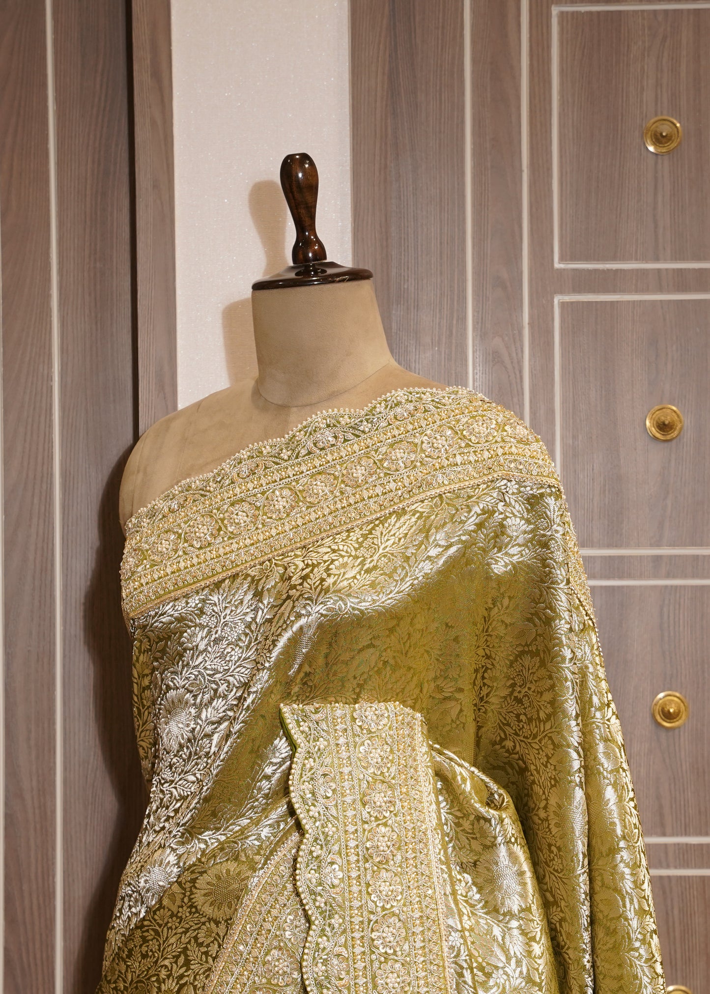 Mehendi Green Silk Bead Embroidered Border Saree with Unstitched Blouse