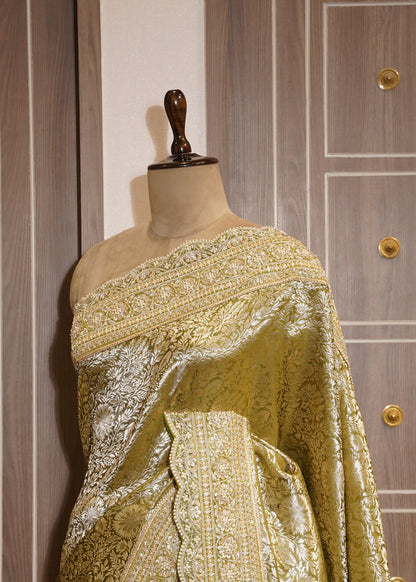 Mehendi Green Silk Bead Embroidered Border Saree with Unstitched Blouse