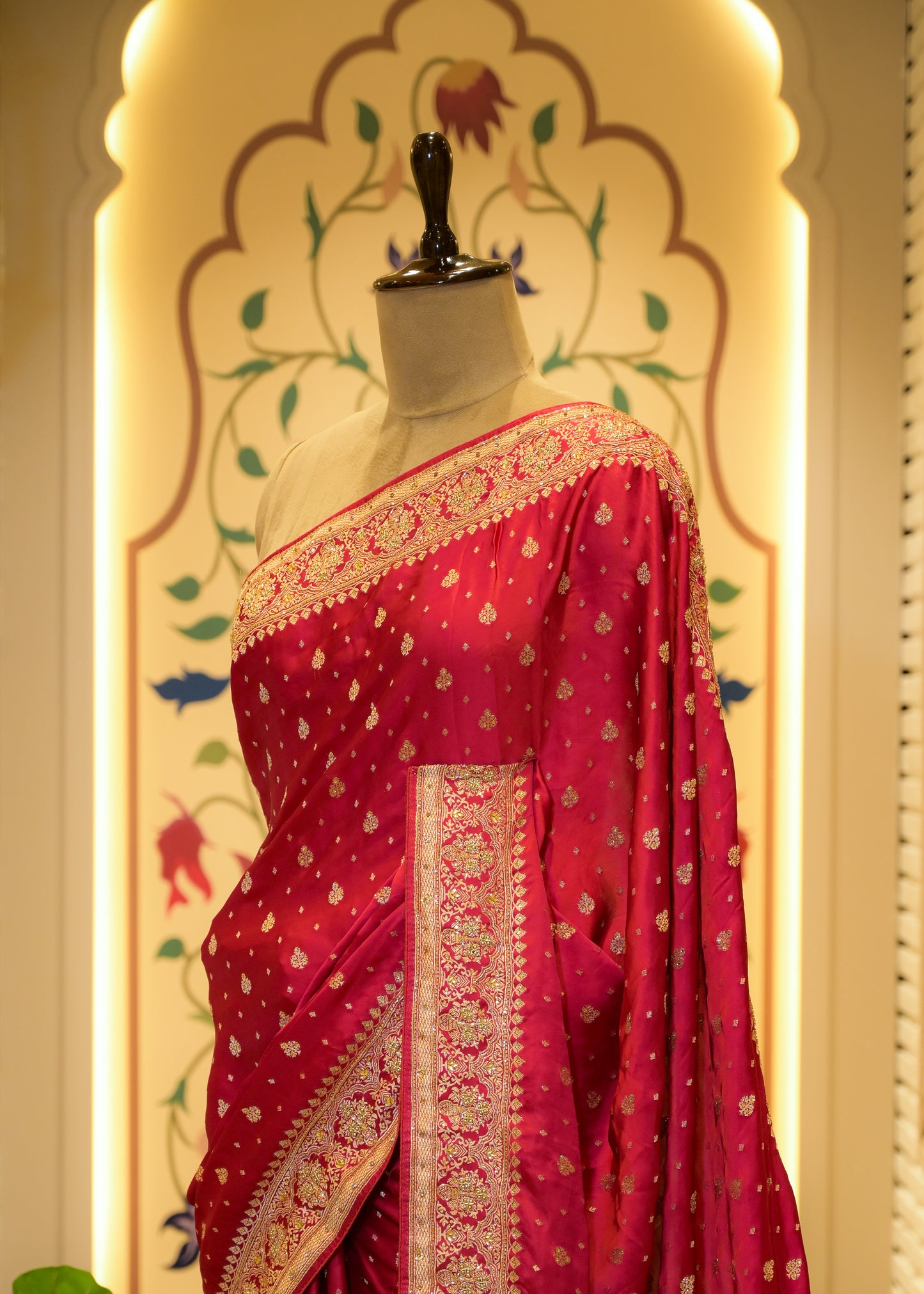 Pankhuri Booti Ruby Red Saree with Unstitched Blouse