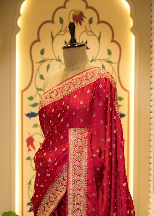 Pankhuri Booti Ruby Red Saree with Unstitched Blouse