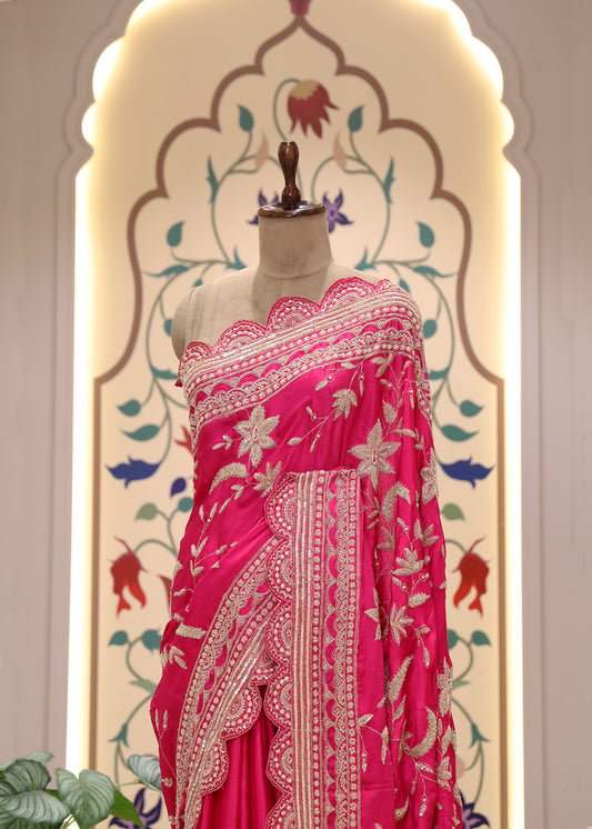 Gulzaar Pink Zari & Mooti Heavy Scallop Border Saree with Unstitched Blouse