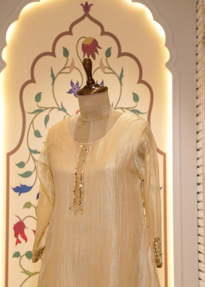 Beige Tissue Hand Embellished Short Shirt & Sharara Co-ord Set