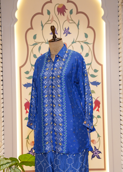 Electric Blue Printed Silk Co-ord Set with Collars