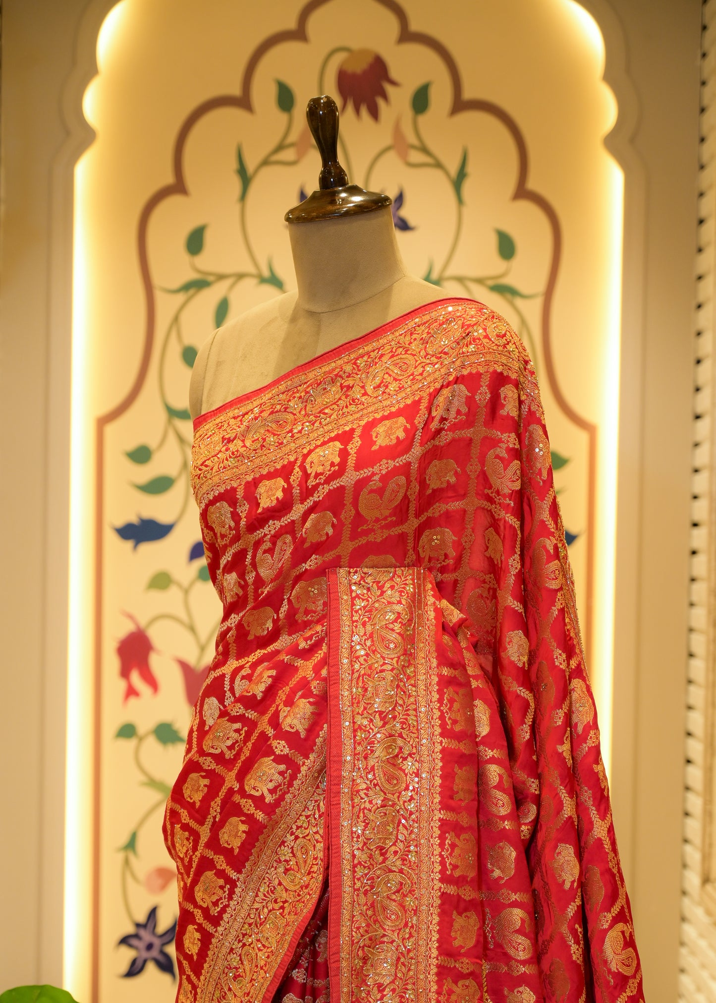 Kaveri Red Gharchola Saree with Unstitched Blouse