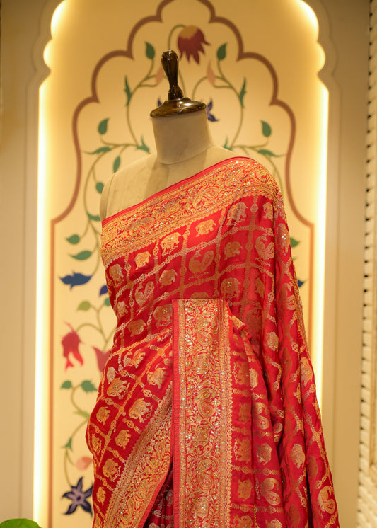 Kaveri Red Gharchola Saree with Unstitched Blouse