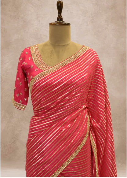 Rani Striped Zari Organza Sarees with Stitched Blouse