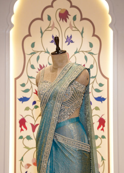 Dusty Blue Crush Tissue Drape Saree with Embroidered Blouse