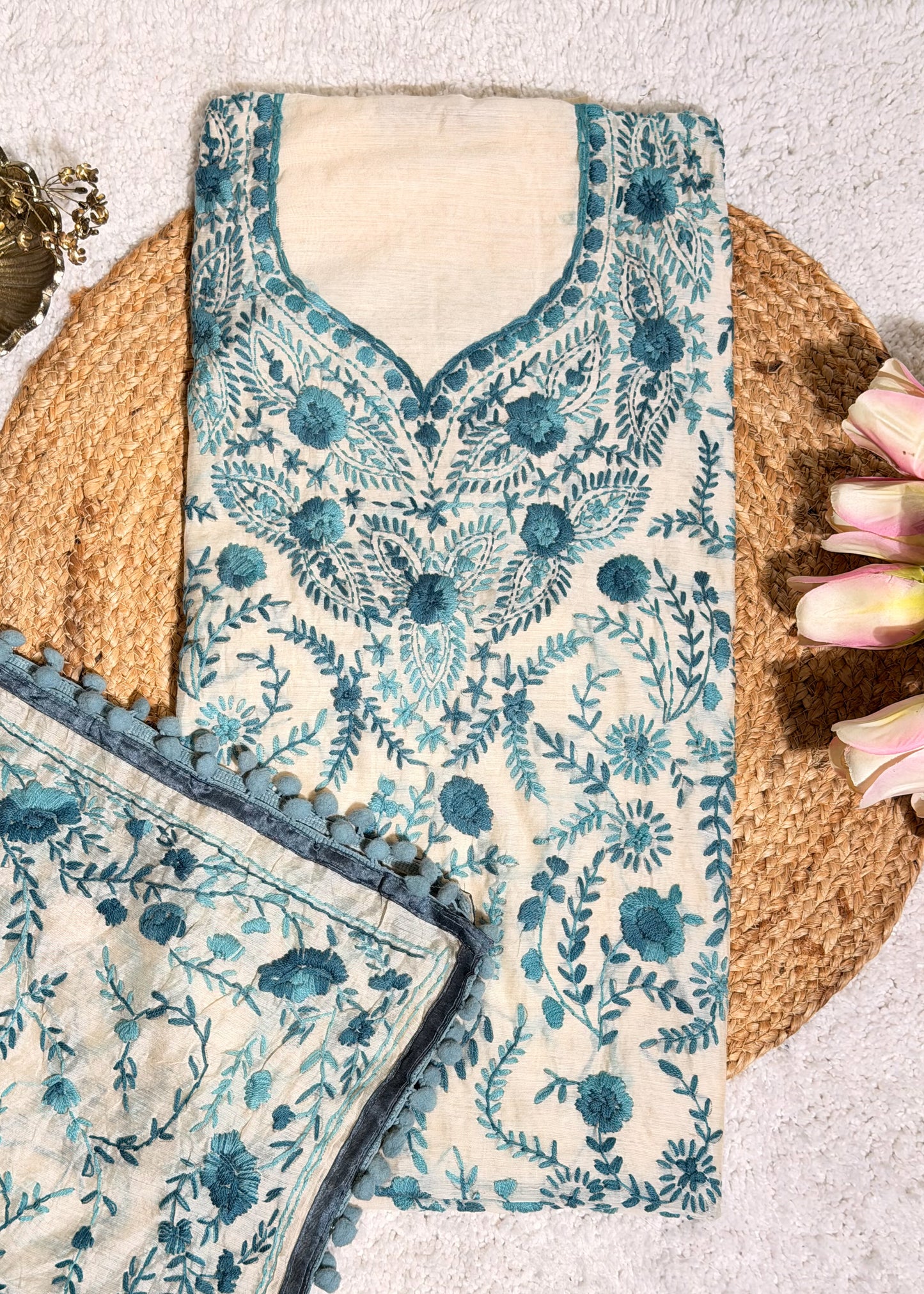 Ivory Chanderi with Blue Kantha Embroidery Unstitched Suit Set
