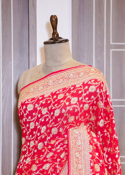 Red khadi Georgette Jaal Saree with Zardozi Embroidery
