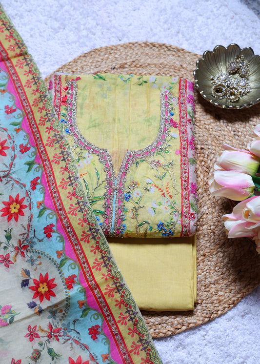 Butter Yellow & Blue Unstitched Suit Set