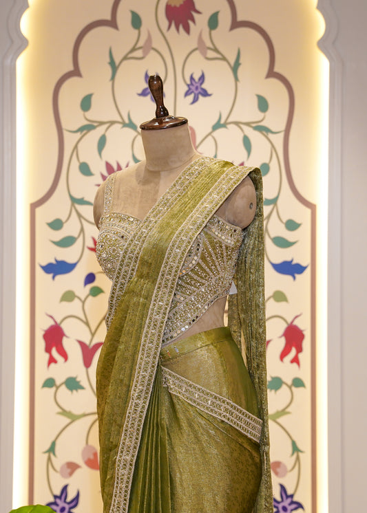 Pista Green Crush Tissue Drape Saree with Corset Embroidered Blouse