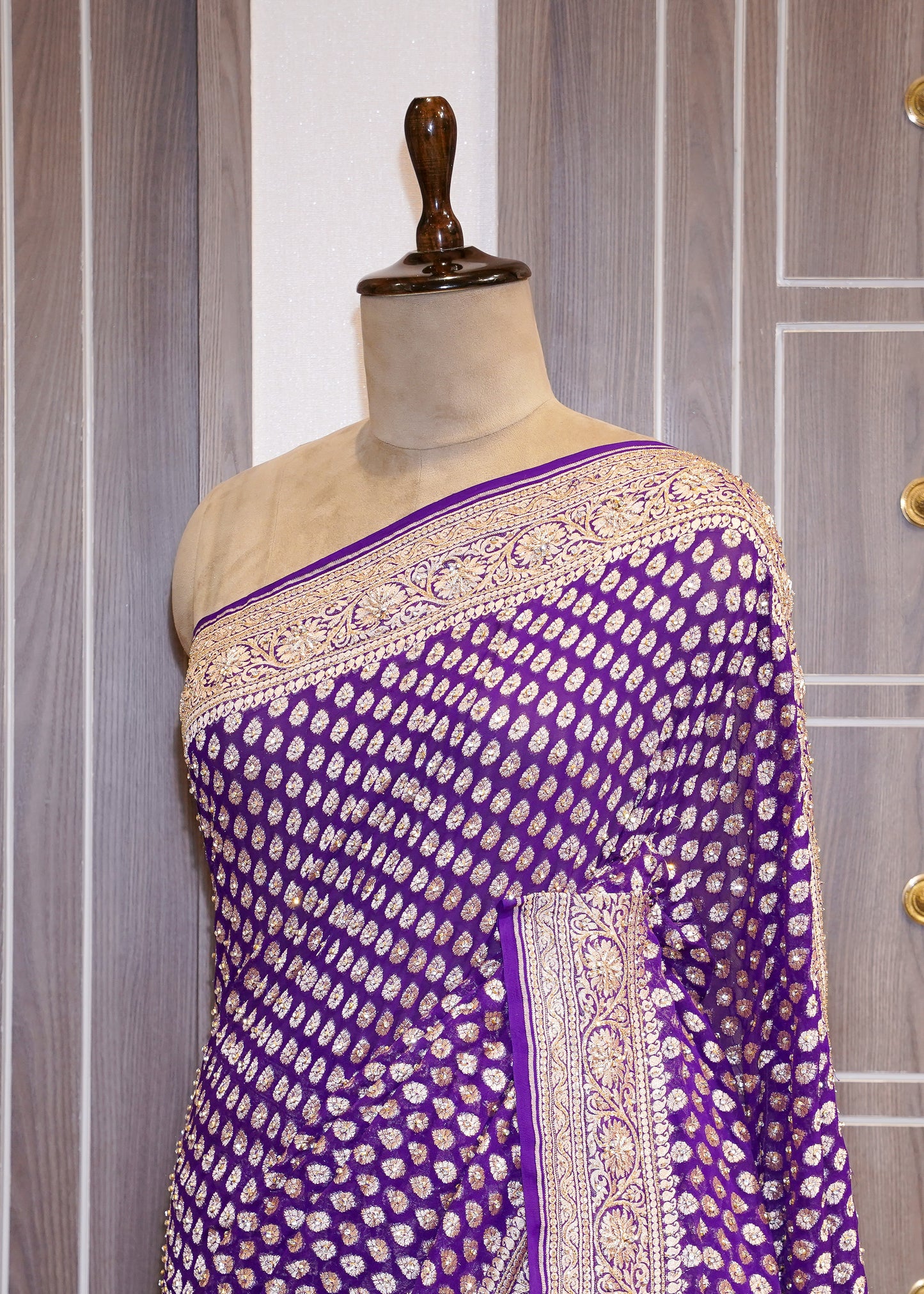Bright Purple khadi Georgette Booti Saree with Zardozi Embroidery