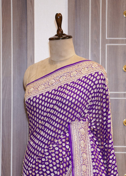 Bright Purple khadi Georgette Booti Saree with Zardozi Embroidery
