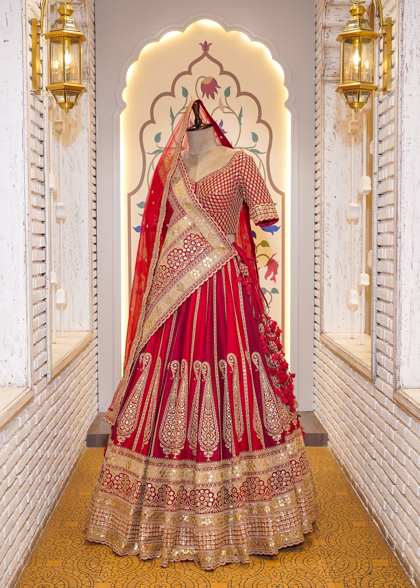 Royal Dual Tone Red & Deep Red Handcrafted Bridal Lehenga with Paisely Motifs & 2 Dupattas