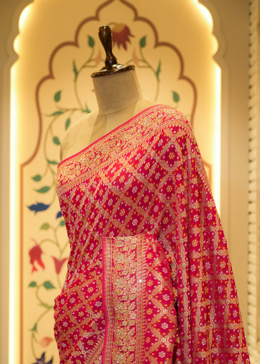 Gulbhaar Bandhani Rani Pink Saree Unstitched Blouse