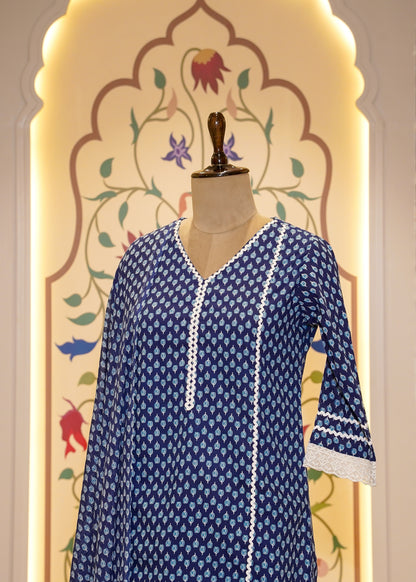 Blue Cotton Printed 3 pc Kurti Set with Lace Work
