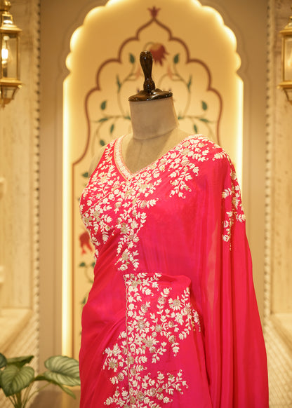 Pink Chinon Thread Embroidered Saree with Stitched Blouse