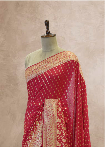 Red Booti Embroidered Dola Silk Saree with Unstitched Blouse