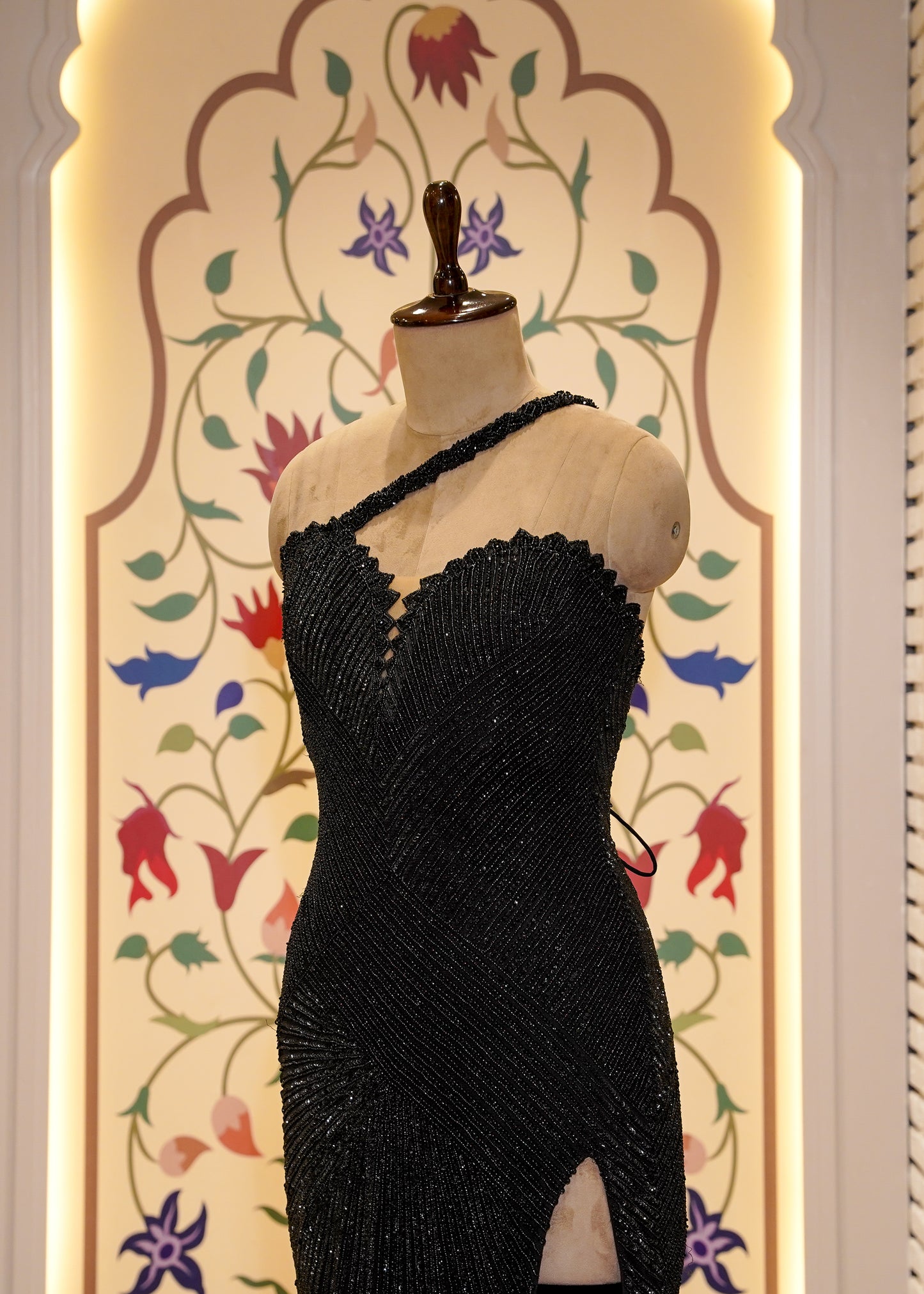 Black Hand Embroidered Body Hugging Gown with Slit