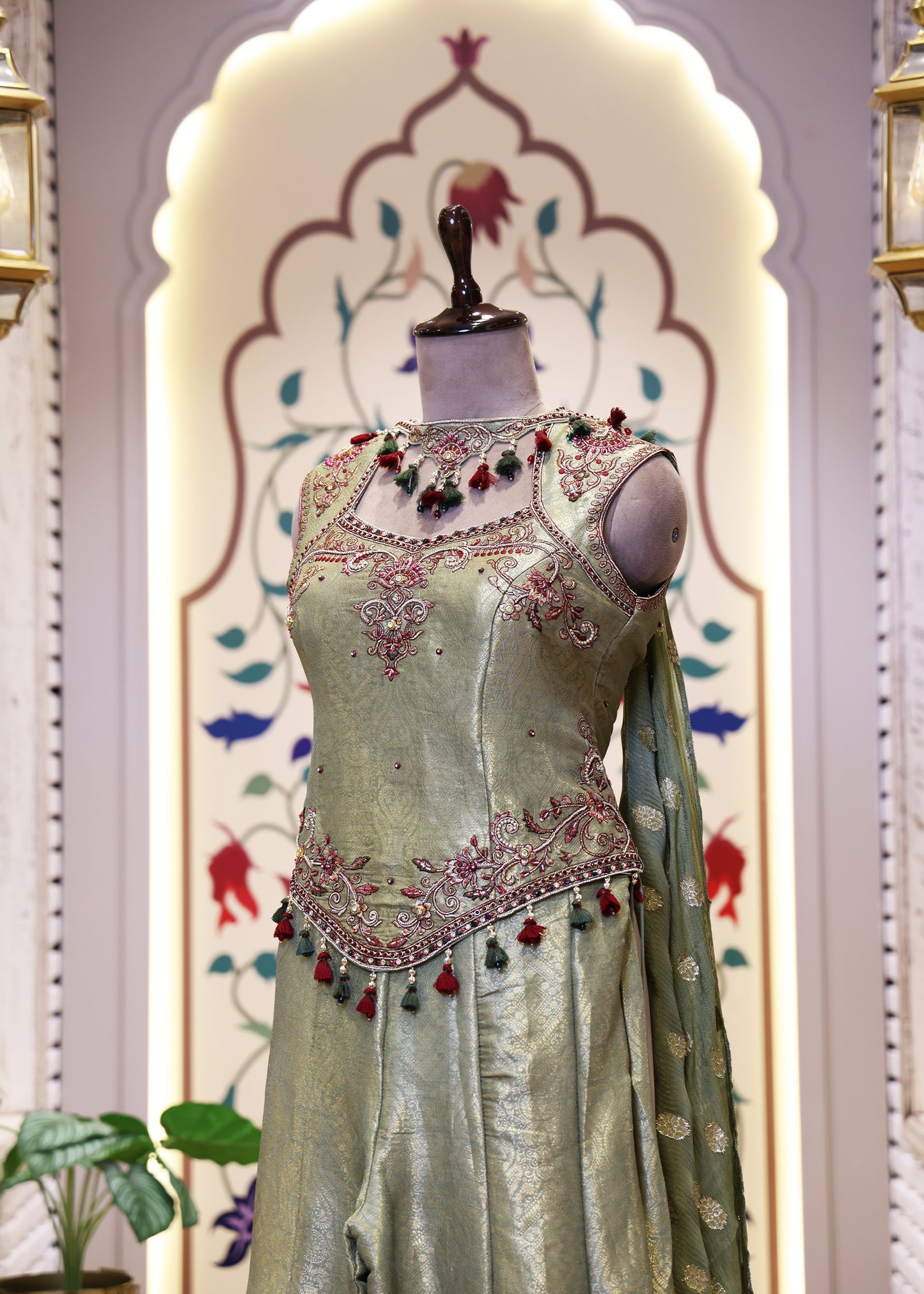 Mihika Green Banarasi Sharara Set with Dupatta