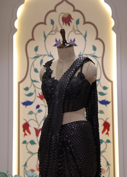 Jet Black Sequin Cocktail Pre Draped Saree