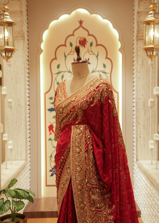 Aanya Crimson Red Silk Embroidered Saree with Stitched Blouse