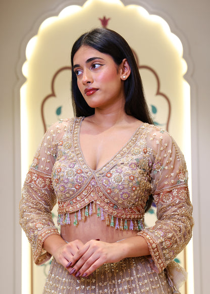 Meenal Golden Hand Embroidered Lehenga with Stitched Blouse