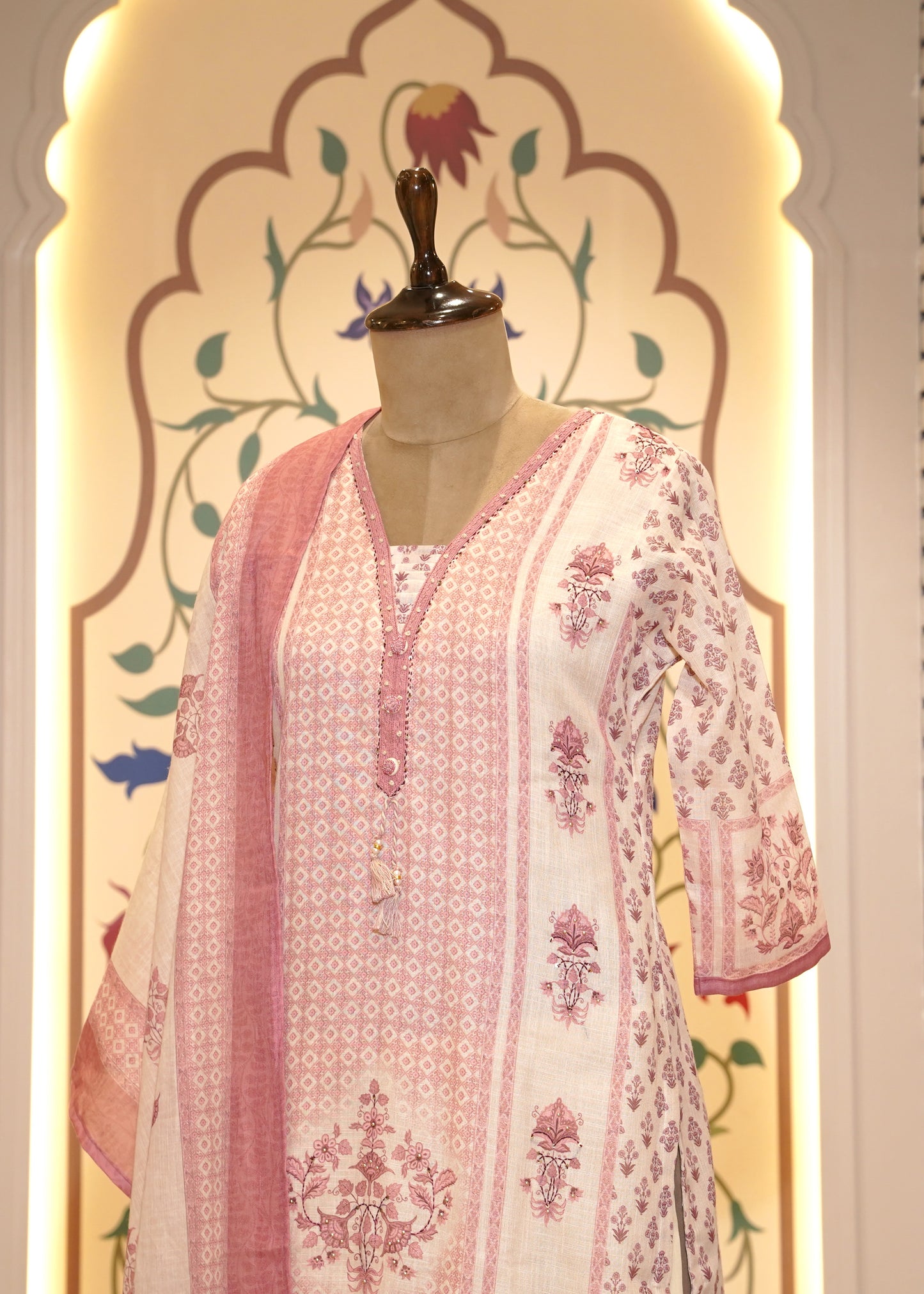 Ivory & Pink Cotton Printed 3 pc Kurti Set
