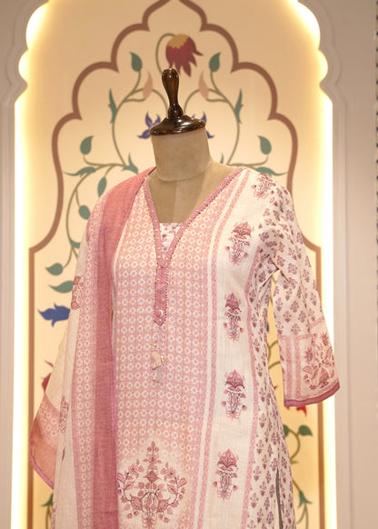 Ivory & Pink Cotton Printed 3 pc Kurti Set