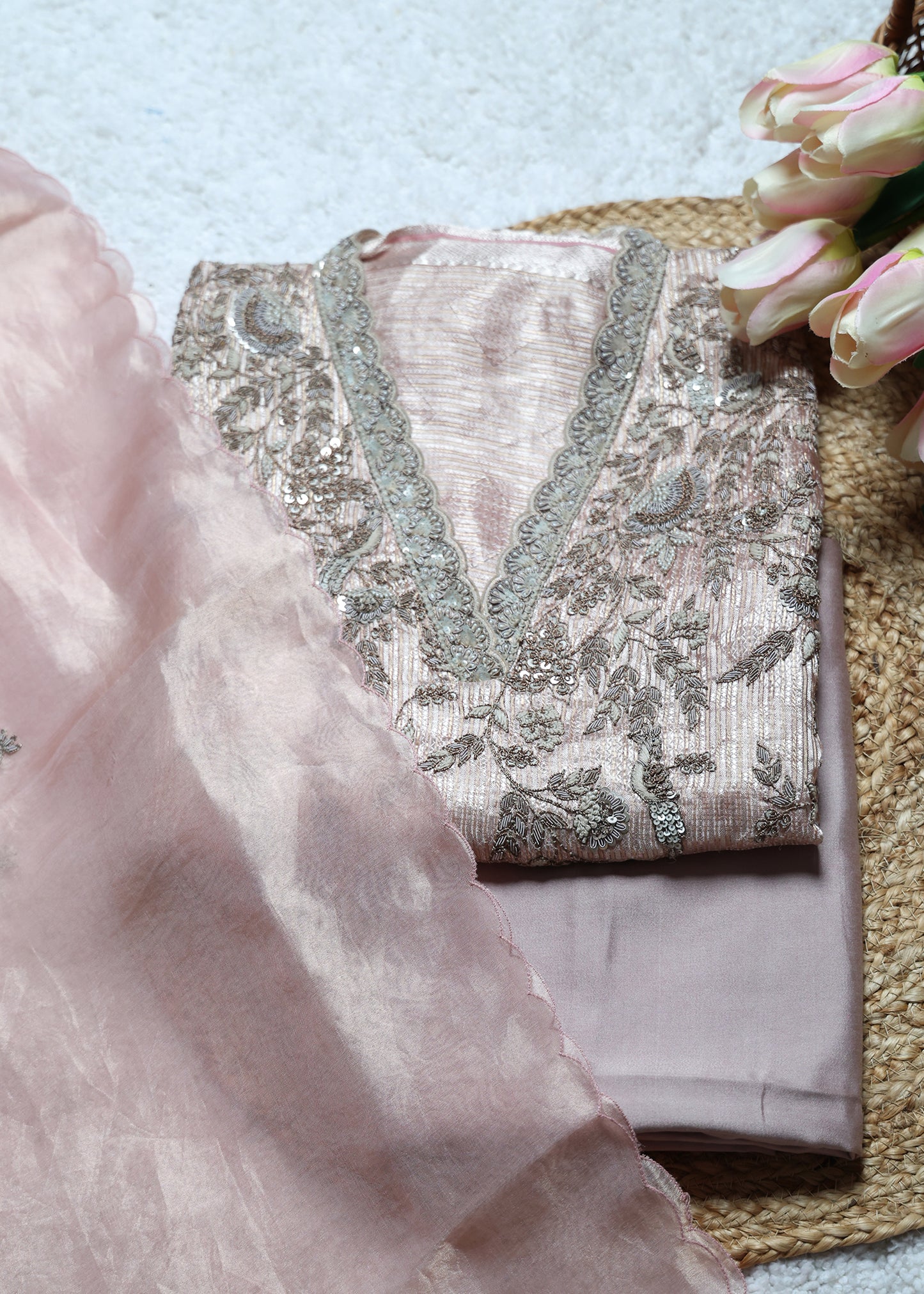 Harman Pastel Zari Handcrafted Tissue Unstitched Suit Set