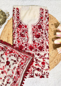 Ivory Chanderi with Mehroon Kantha Embroidery Unstitched Suit Set