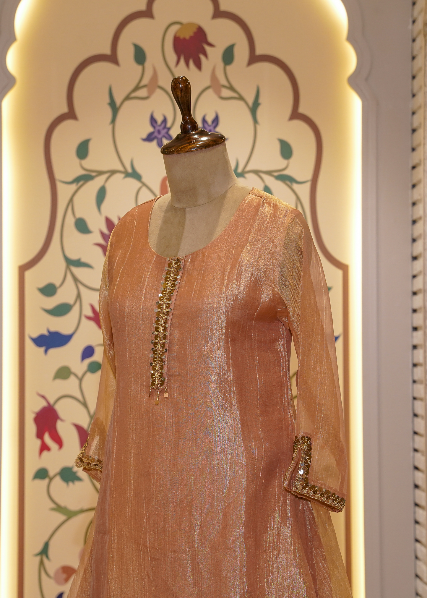 Dusty Peach Tissue Hand Embellished Short Shirt & Sharara Co-ord Set