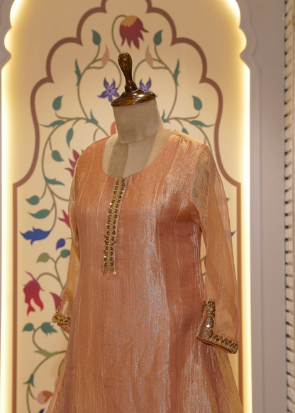 Dusty Peach Tissue Hand Embellished Short Shirt & Sharara Co-ord Set