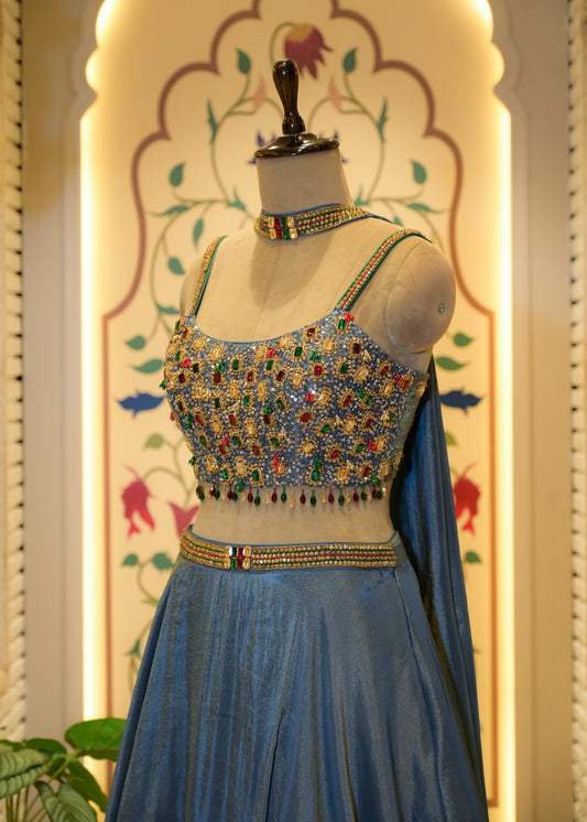Tissue Blue Gemstone Crop Top Lehenga with Dupatta