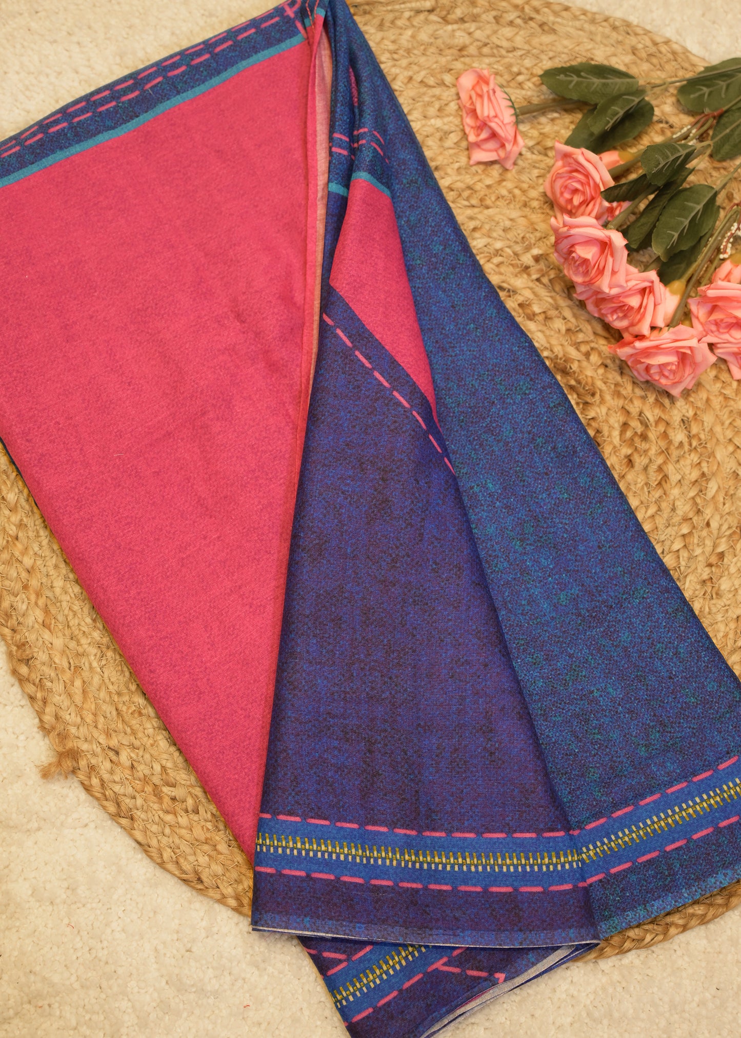 Yami Navy Blue Cotton Saree with Unstitched Blouse