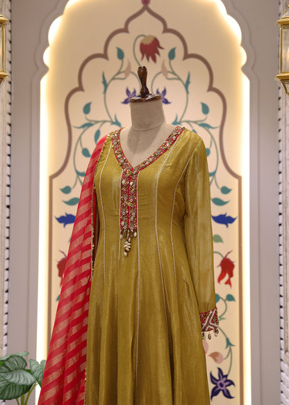 Green & Red Anarkali Suit Set with Dupatta