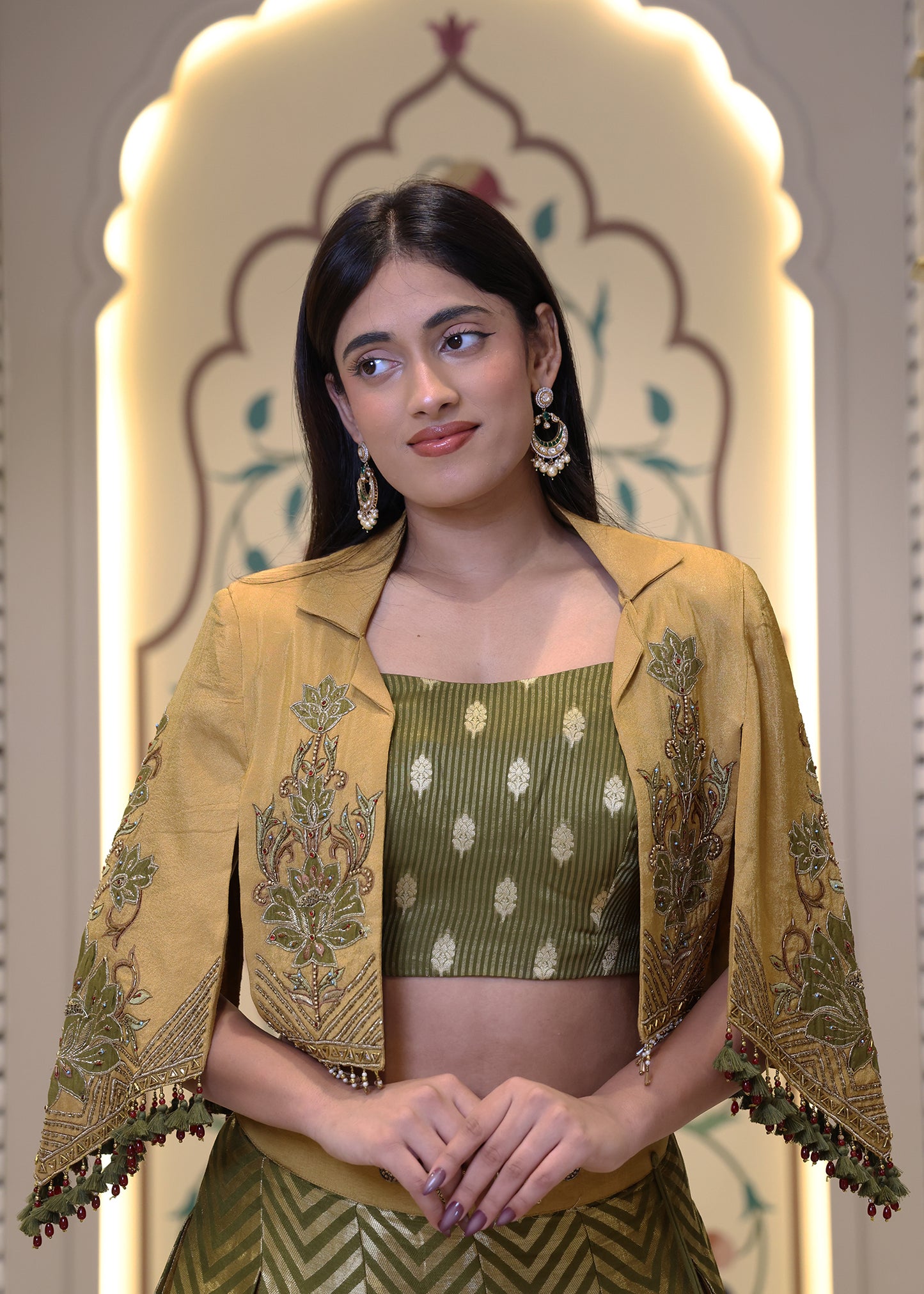 Alina Green Short Jacket Style Lehenga