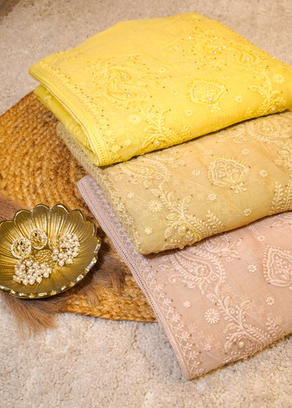 Yellow Mul Cotton Thread Embroidered Unstitched Suit Set