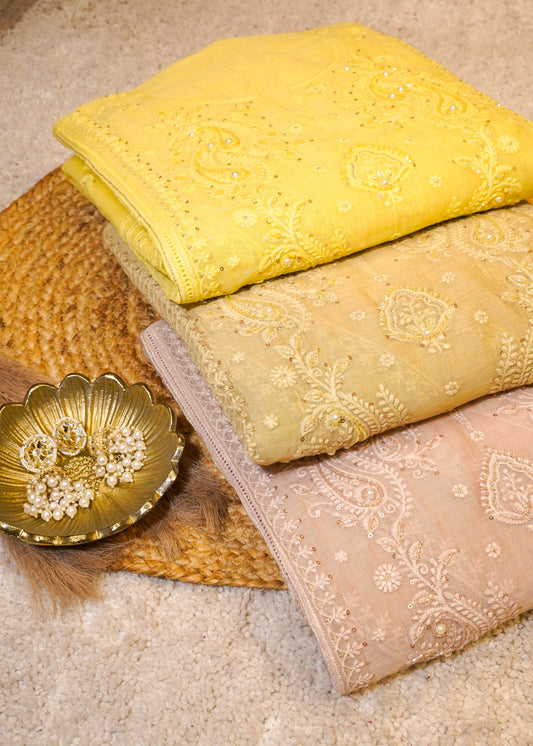 Yellow Mul Cotton Thread Embroidered Unstitched Suit Set
