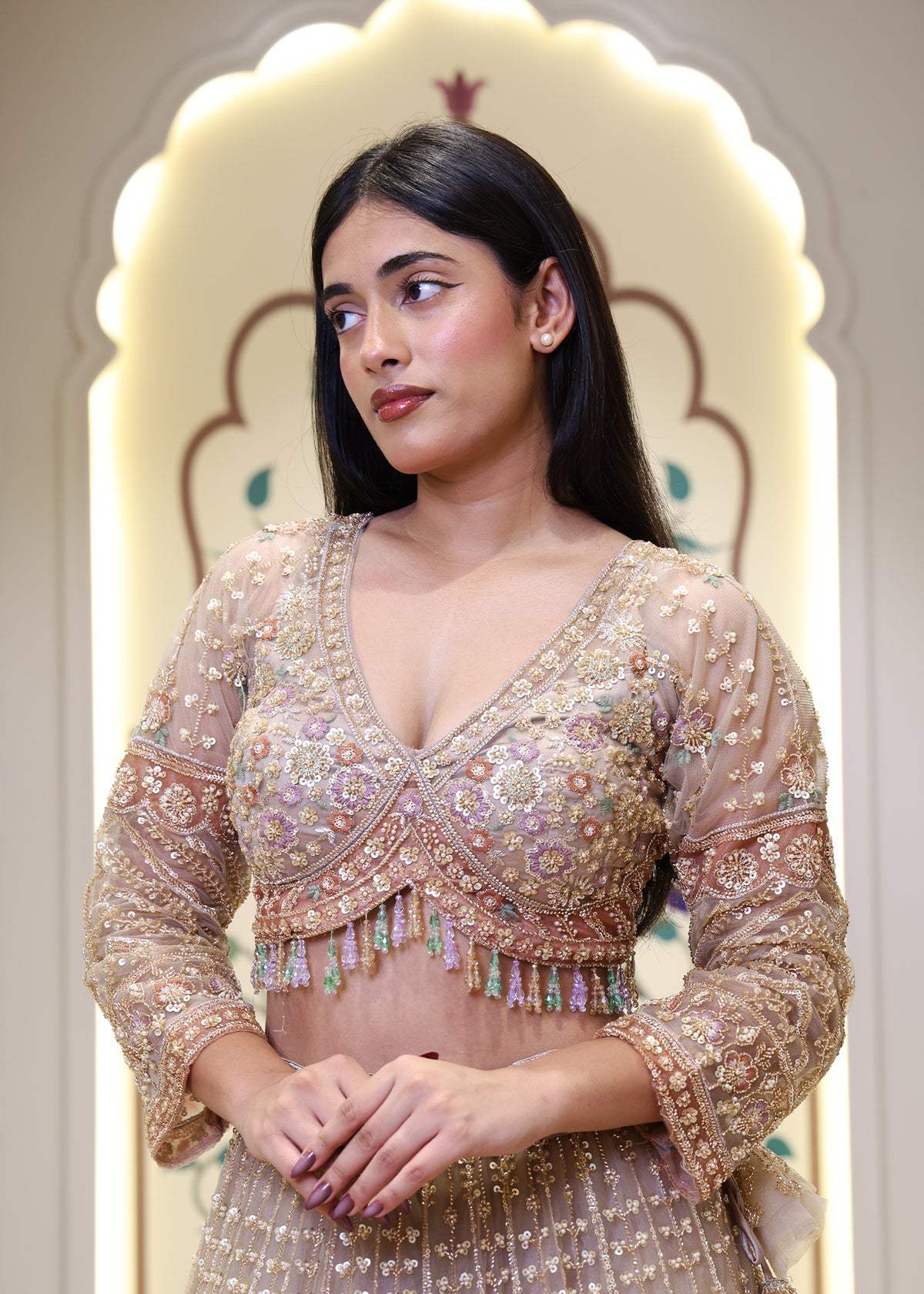Meenal Golden Hand Embroidered Lehenga with Stitched Blouse