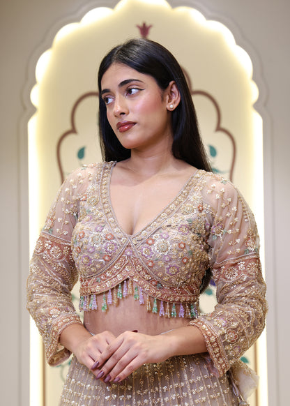 Meenal Golden Hand Embroidered Lehenga with Stitched Blouse