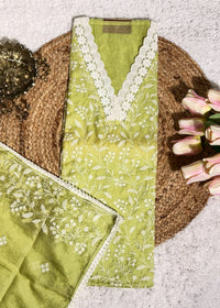 Green Chanderi Thread Embroidered Unstitched Suit Set