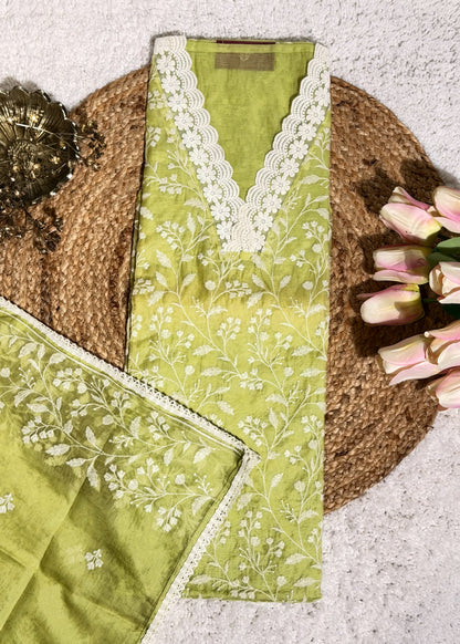 Green Chanderi Thread Embroidered Unstitched Suit Set